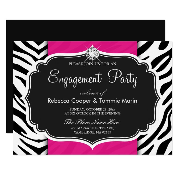 Zebra Print Hot Pink Diamond Engagement Party Invitation
