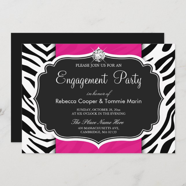 Zebra Print Hot Pink Diamond Engagement Party Invitation (Front/Back)