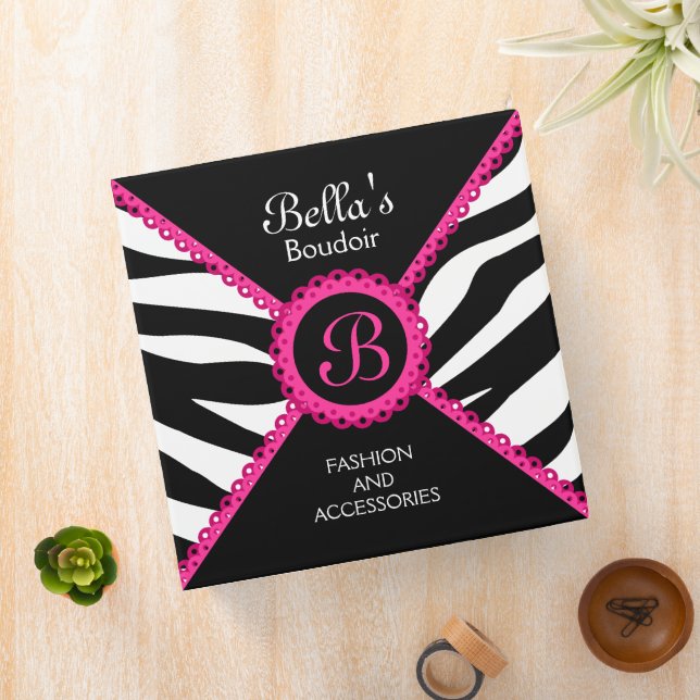 Zebra Print Hot Pink Lace Monogram 2 Inch Binder (In Situ)