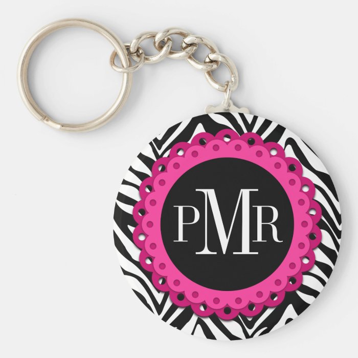 Zebra Print Hot Pink Lace Monogram Personalized Keychains