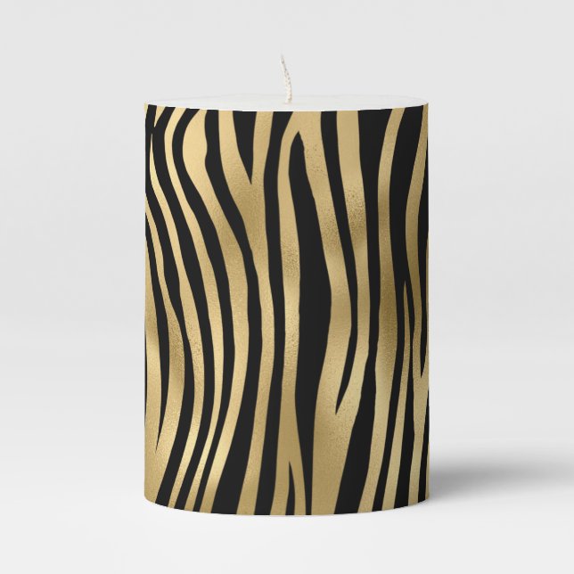 Zebra print in gold and black pillar candle (Front)