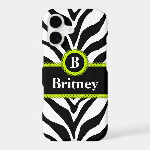 Zebra Print Lime Green Lace Monogram Name iPhone 17 Case