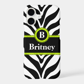 Zebra Print Lime Green Lace Monogram Name iPhone 17 Case