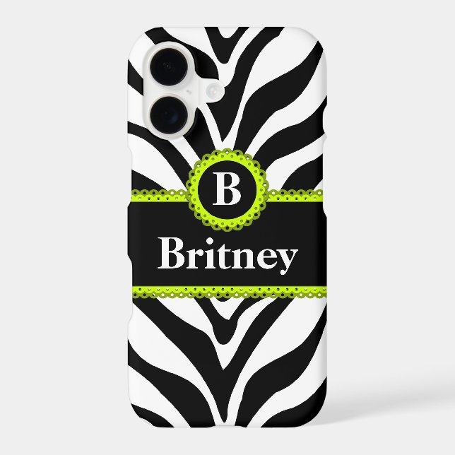 Zebra Print Lime Green Lace Monogram Name Case-Mate iPhone Case (Back)