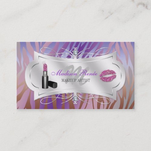 Zebra Print Mocha Lavender Glitter Cosmetologist Business Card Template