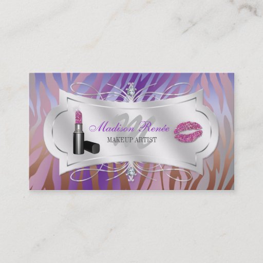 Customizable Zebra Print Mocha Lavender Glitter Cosmetologist Business Card Template