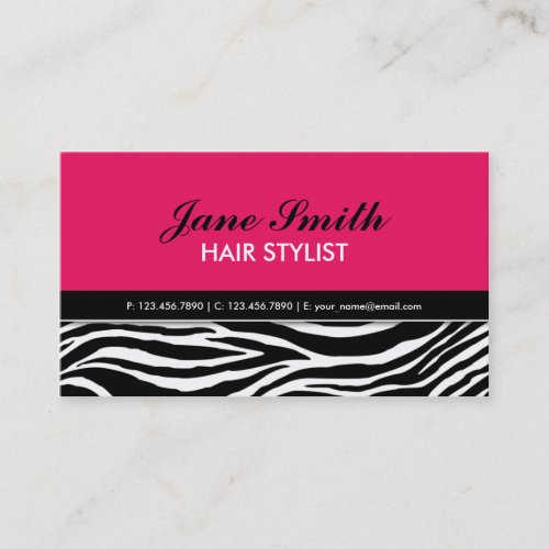 Zebra Print Modern Elegant Hair Stylist Hot Pink Business Card