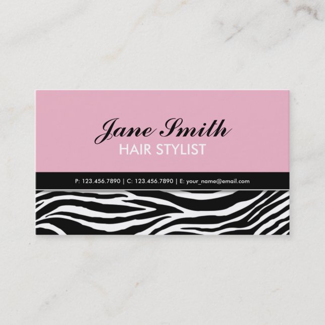 Zebra Print Modern Elegant Hair Stylist Spa Pink Business Card (Front)