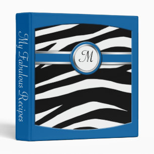 Zebra Print Monogram Blue Recipe Binder