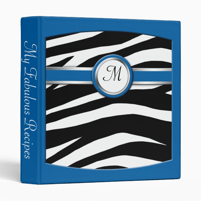 Zebra Print Monogram Blue Recipe Binder (Front/Spine)