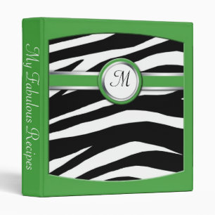 Zebra Print Monogram Green Recipe Binder
