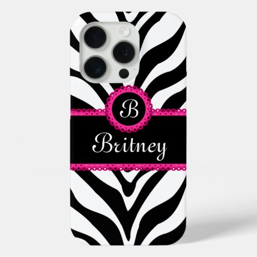 Zebra Print Monogram Name iPhone 15 Pro Case