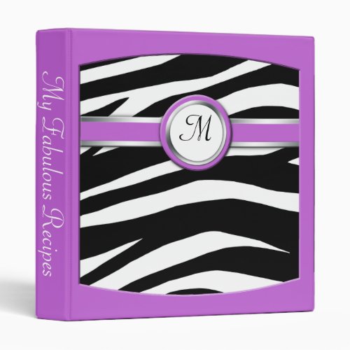 Zebra Print Monogram Purple Recipe Binder