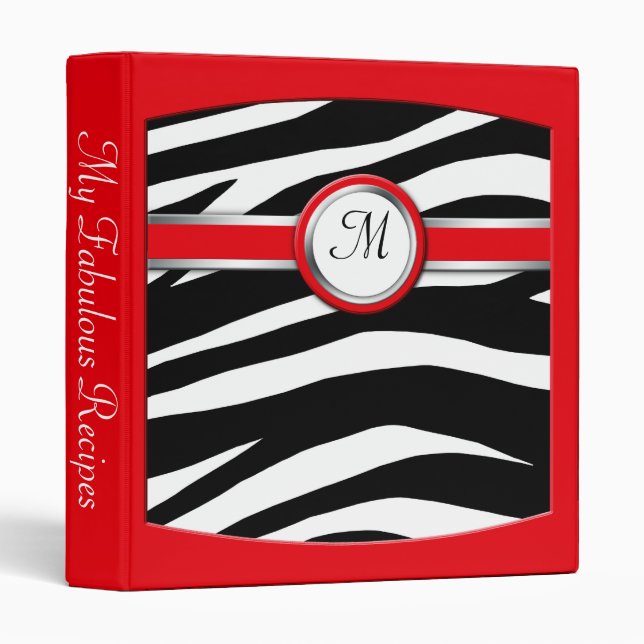 Zebra Print Monogram Red Recipe Binder (Front/Spine)