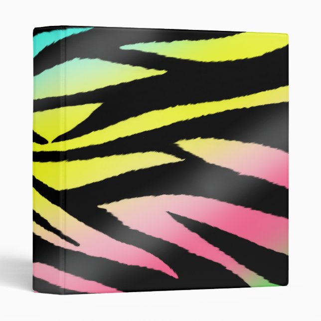 Zebra Print - Neon Pink, Yellow, Blue, Green 3 Ring Binder (Front/Spine)
