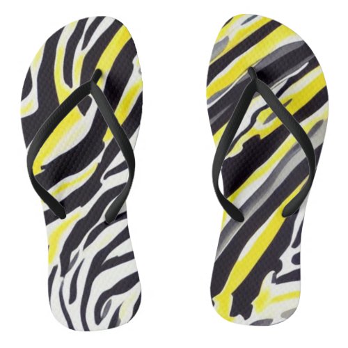 Zebra Print of Yellow Black Gray and White Flip Flops