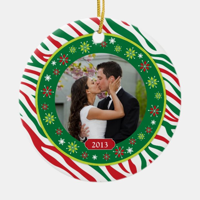 Zebra Print Our First Christmas Together Photo Ceramic Ornament (Front)