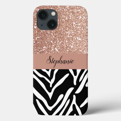 Zebra Print Pattern and Gradient Rose Gold Glitter iPhone 13 Case