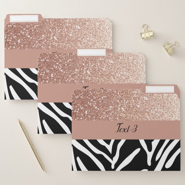 Zebra Print Pattern and Gradient Rose Gold Glitter File Folder (Set)