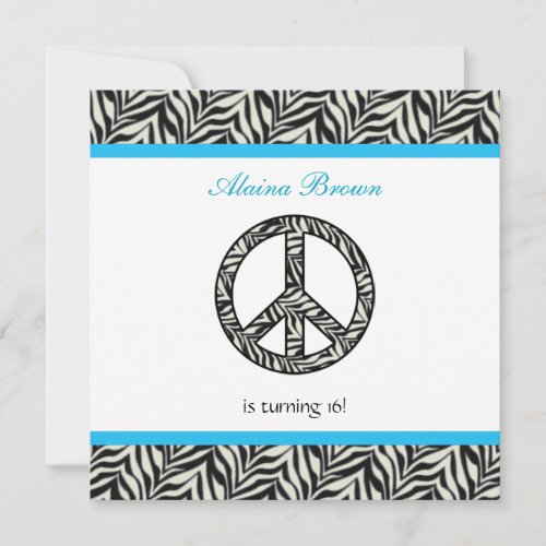 Zebra Print Peace Sign Birthday Party Invitation