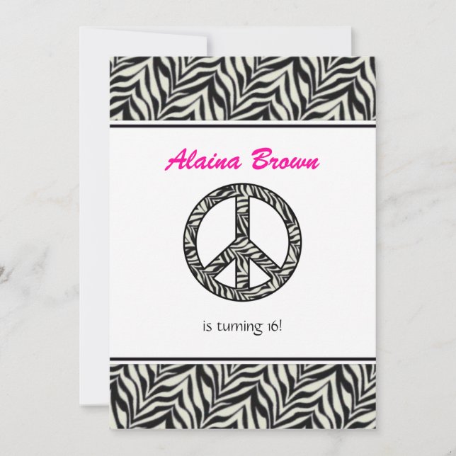 Zebra Print  Peace Sign Birthday Party Invitation (Front)