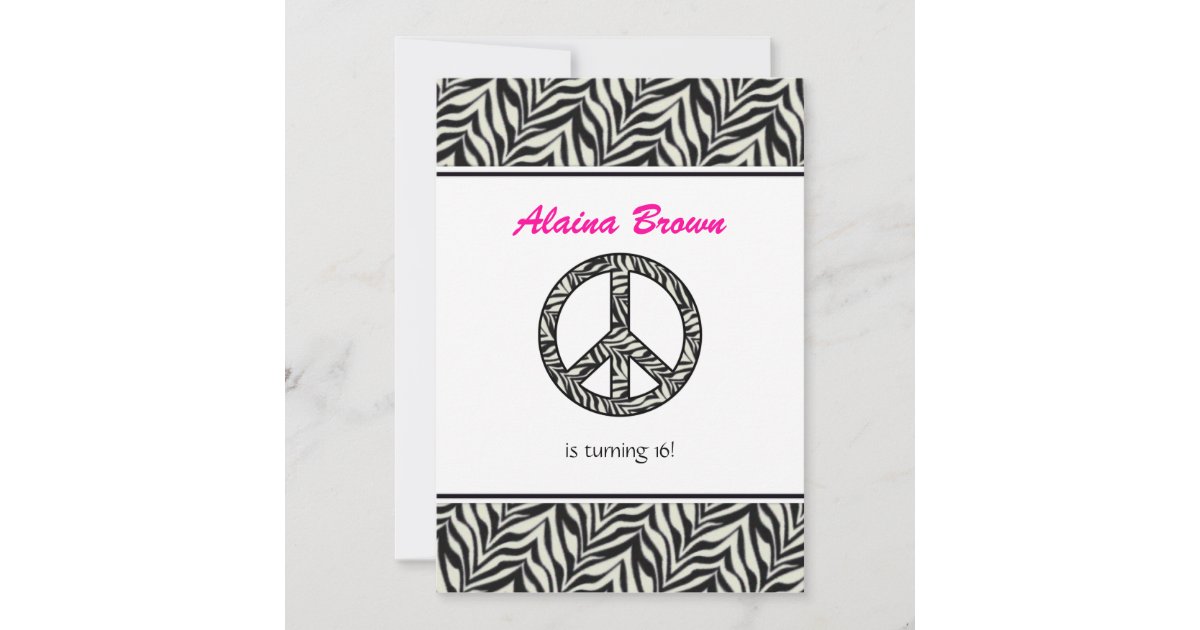 Zebra Print Peace Sign Birthday Party Invitation | Zazzle