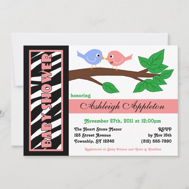 Zebra Print Pink Birdy Baby Shower Invitations (Front)
