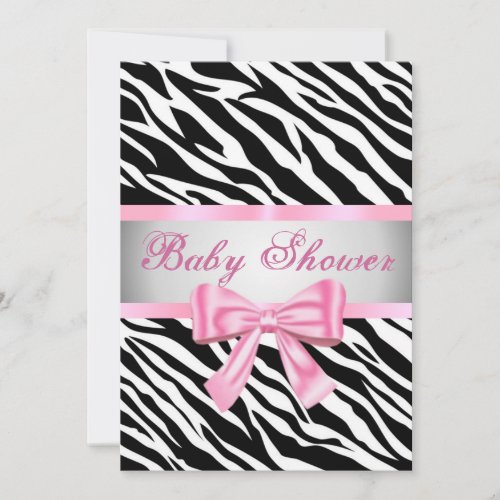 Zebra Print Pink Bow Baby Shower Invitation