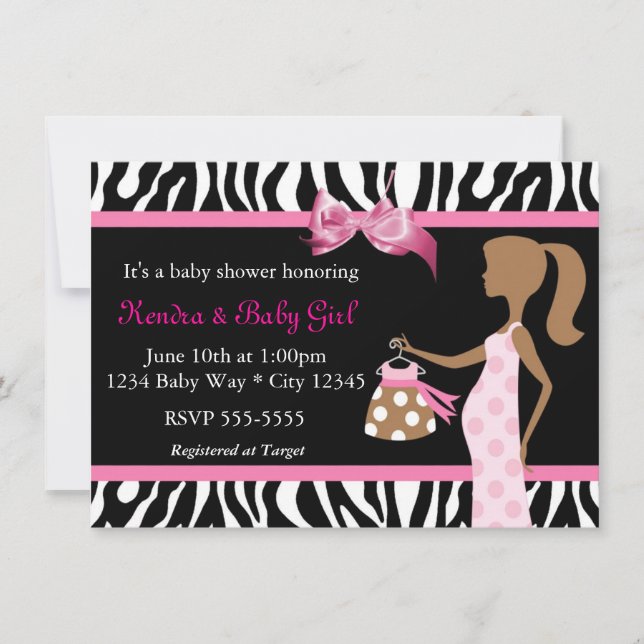 Zebra Print & Pink Bow Mod Mom Baby Girl Shower Invitation (Front)