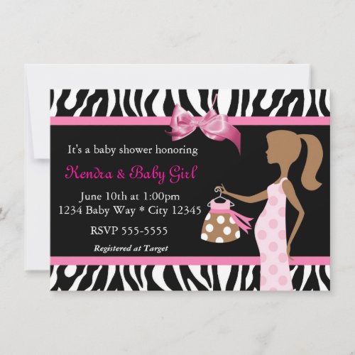 Zebra Print  Pink Bow Mod Mom Baby Girl Shower Invitation