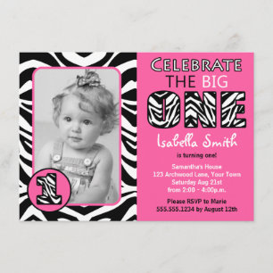 Zebra Print Pink Girls First Birthday Invitation