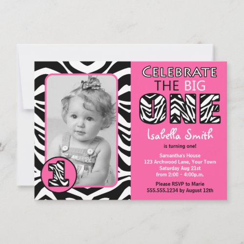 Zebra Print Pink Girls First Birthday Invite