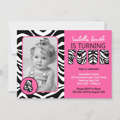 Zebra Print Pink Girls Forth Birthday Personalized Invitation
