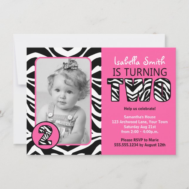 Zebra Print Pink Girls Second Birthday Invitation (Front)
