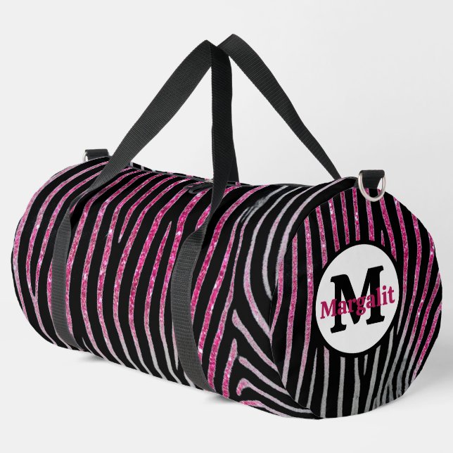 Zebra Print Pink Glitter Monogram Large Duffle Bag (Left Corner)