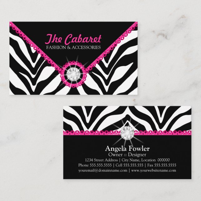 Zebra Print Pink Lace and Diamond Business Card (Front/Back)