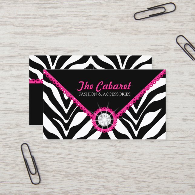 Zebra Print Pink Lace and Diamond Business Card (Front/Back In Situ)