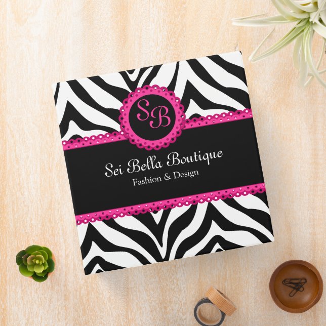 Zebra Print Pink Lace Monogram 2 Inch Binder (In Situ)