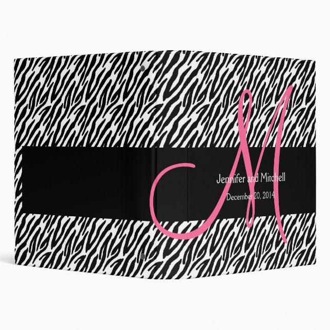 Zebra Print Pink Monogram Wedding 3 Ring Binder (Background)