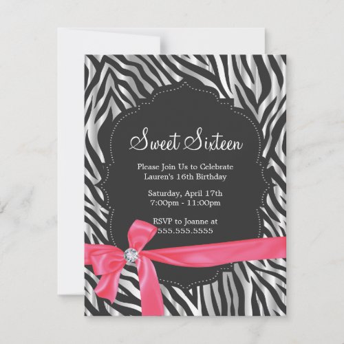 Zebra Print Pink Ribbon &amp; Diamond Fashion Sixteen Invitations