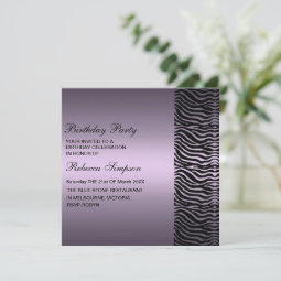 Zebra Print Purple &amp; Black Birthday Invitation | Zazzle
