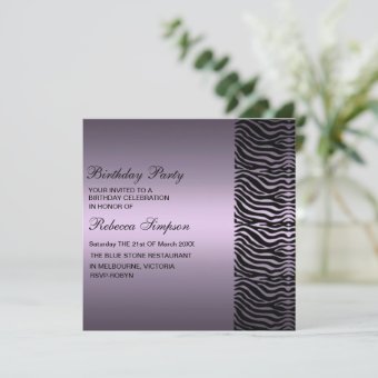 Zebra Print Purple &amp; Black Birthday Invitation | Zazzle