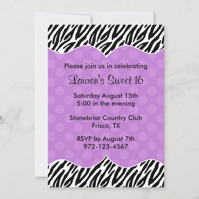 Zebra Print Purple Dot Invitations Announcements (Front)
