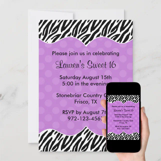 Zebra Print Purple Dot Invitations Announcements | Zazzle