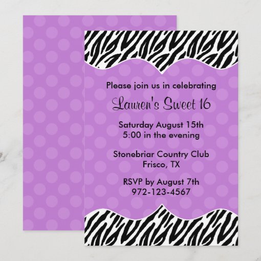 Zebra Print Purple Dot Invitations Announcements | Zazzle
