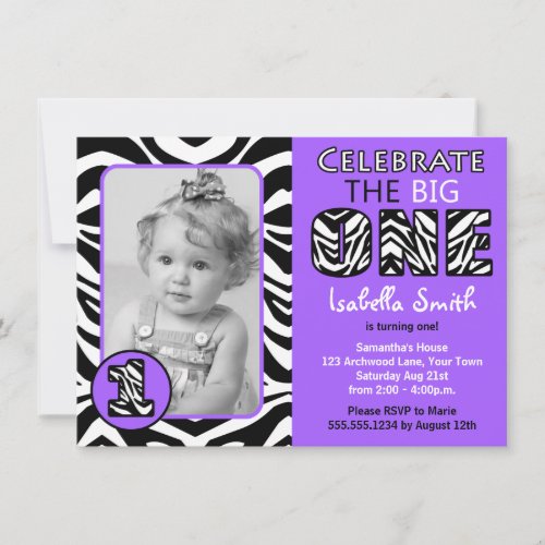 Zebra Print Purple Girls First Birthday Personalized Invitations