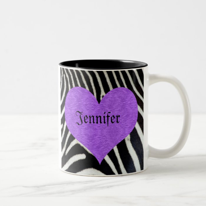 Zebra Print Purple Heart   Custom Name Coffee Mugs