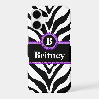 Zebra Print Purple Lace Monogram Name iPhone 17 Case