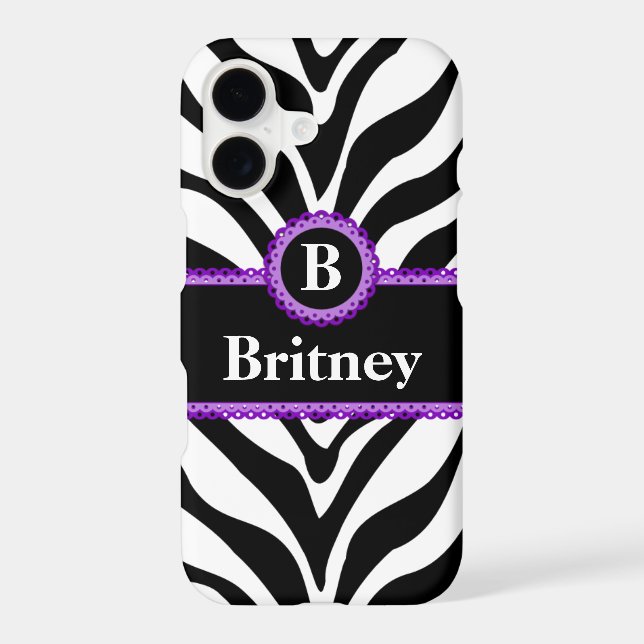Zebra Print Purple Lace Monogram Name Case-Mate iPhone Case (Back)