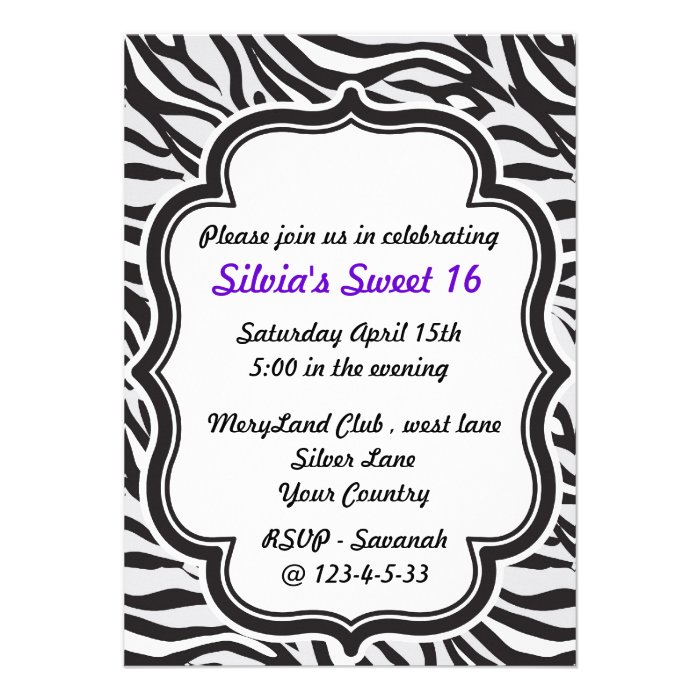 Zebra Print purple sweet sixteen invitation